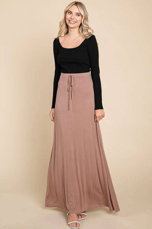 Culture Code draw string flare maxi skirt in small ecru cream fabric with a flowing, wide-leg design and adjustable waist.