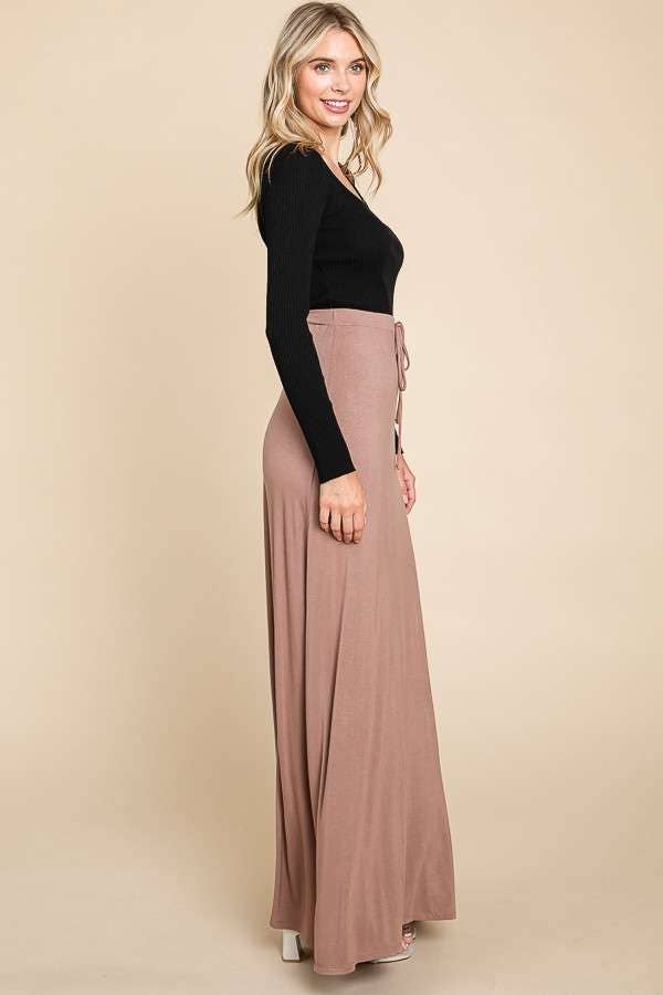 Ecru cream drawstring flare maxi skirt by Culture Code, flowing fabric with a comfortable waistband, full-length design.