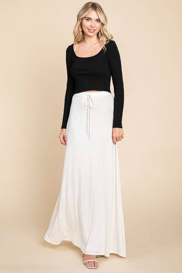 Culture Code ecru cream draw string flare maxi skirt, lightweight and flowy with a relaxed fit and stylish design.