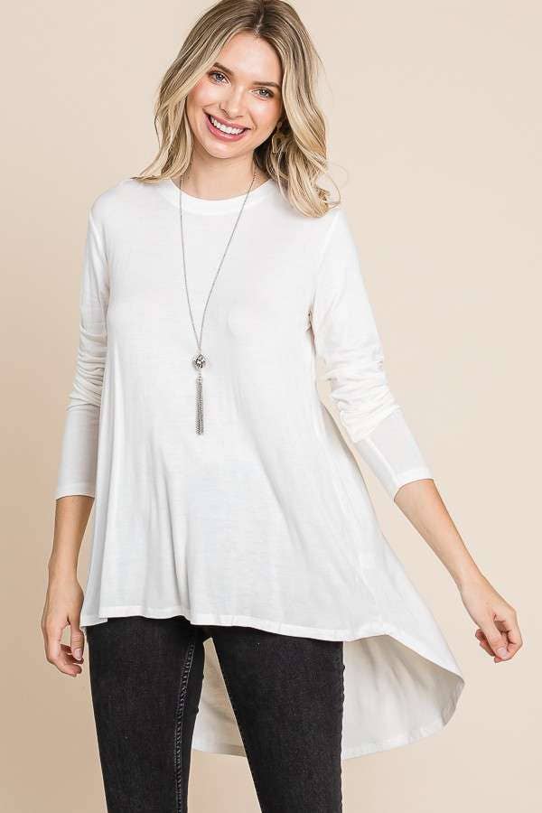 Black crew neck tunic top by Culture Code featuring shirring back and relaxed fit, perfect for casual or office wear.