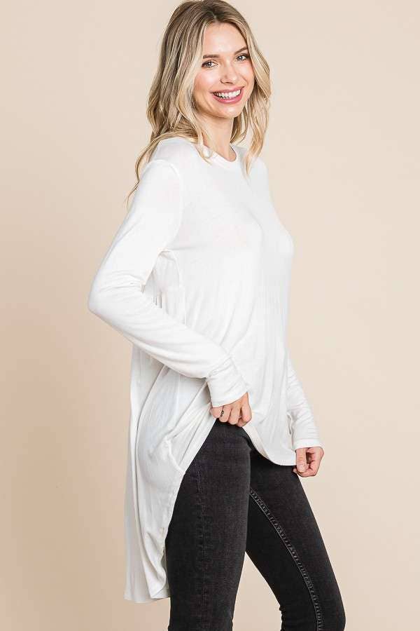 Black Culture Code crew neck tunic top with shirring back, casual shirt and blouse style, shown on a model.
