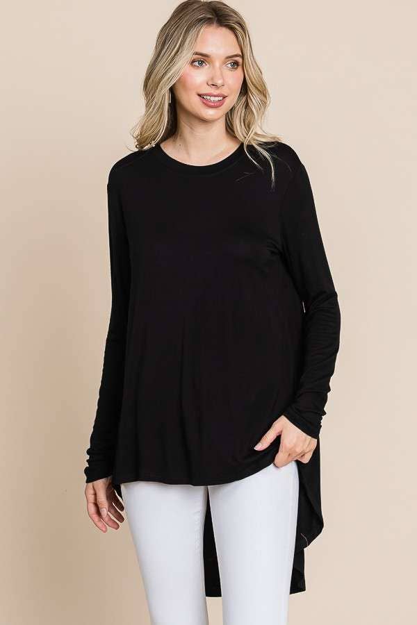 Culture Code black crew neck tunic top with shirring back, casual shirt and blouse, stylish and comfortable for everyday wear.