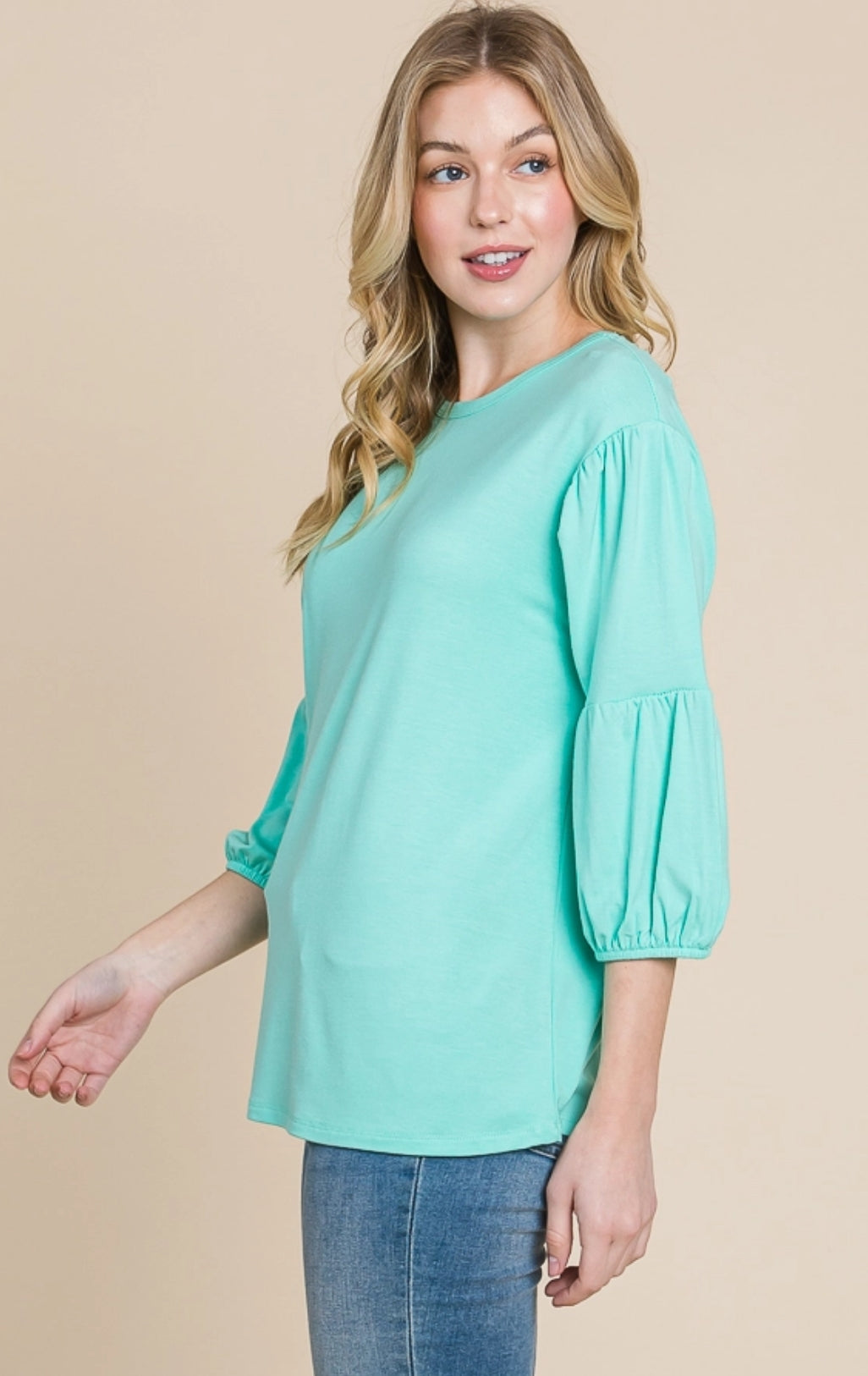 CultureCodeUSA coral round neck 3/4 bubble sleeve solid top, stylish casual 3/4 sleeve blouse with a relaxed fit.