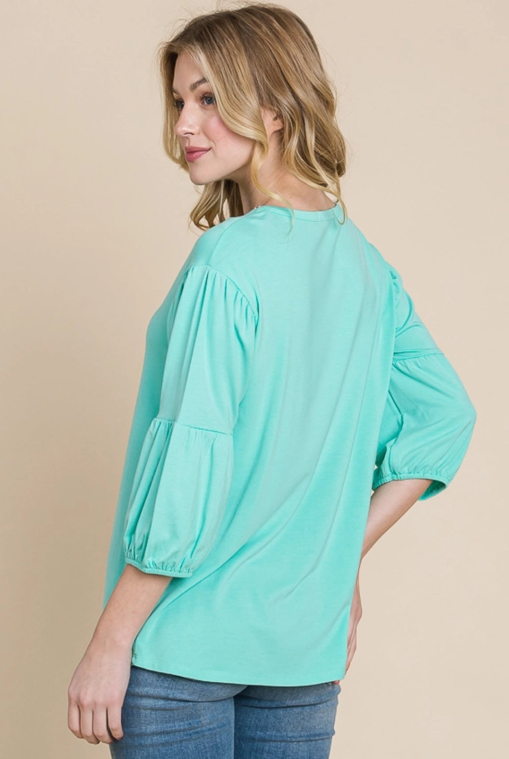 CultureCodeUSA coral round neck 3/4 sleeve bubble top with solid color, stylish and comfortable for casual wear.