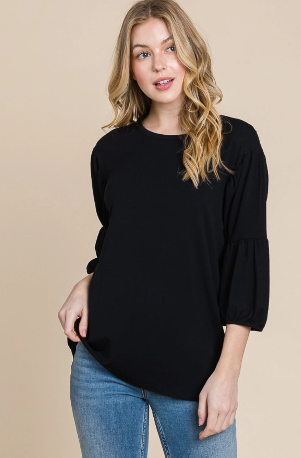 CultureCodeUSA coral 3/4 sleeve solid top with round neckline and bubble sleeves, stylish and comfortable women's blouse.