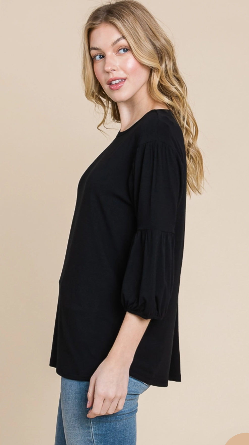 CultureCodeUSA coral 3/4 sleeve solid top with round neck and bubble sleeves, casual and stylish women's blouse.