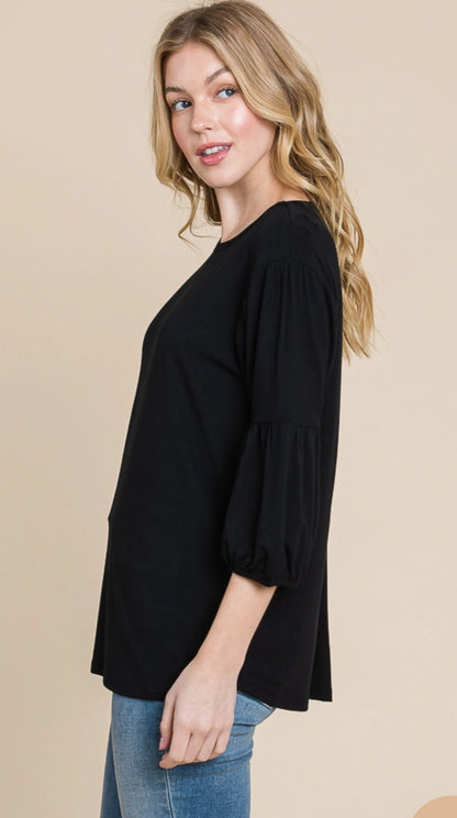 CultureCodeUSA coral 3/4 sleeve solid top with round neck and bubble sleeves, casual and stylish women's blouse.