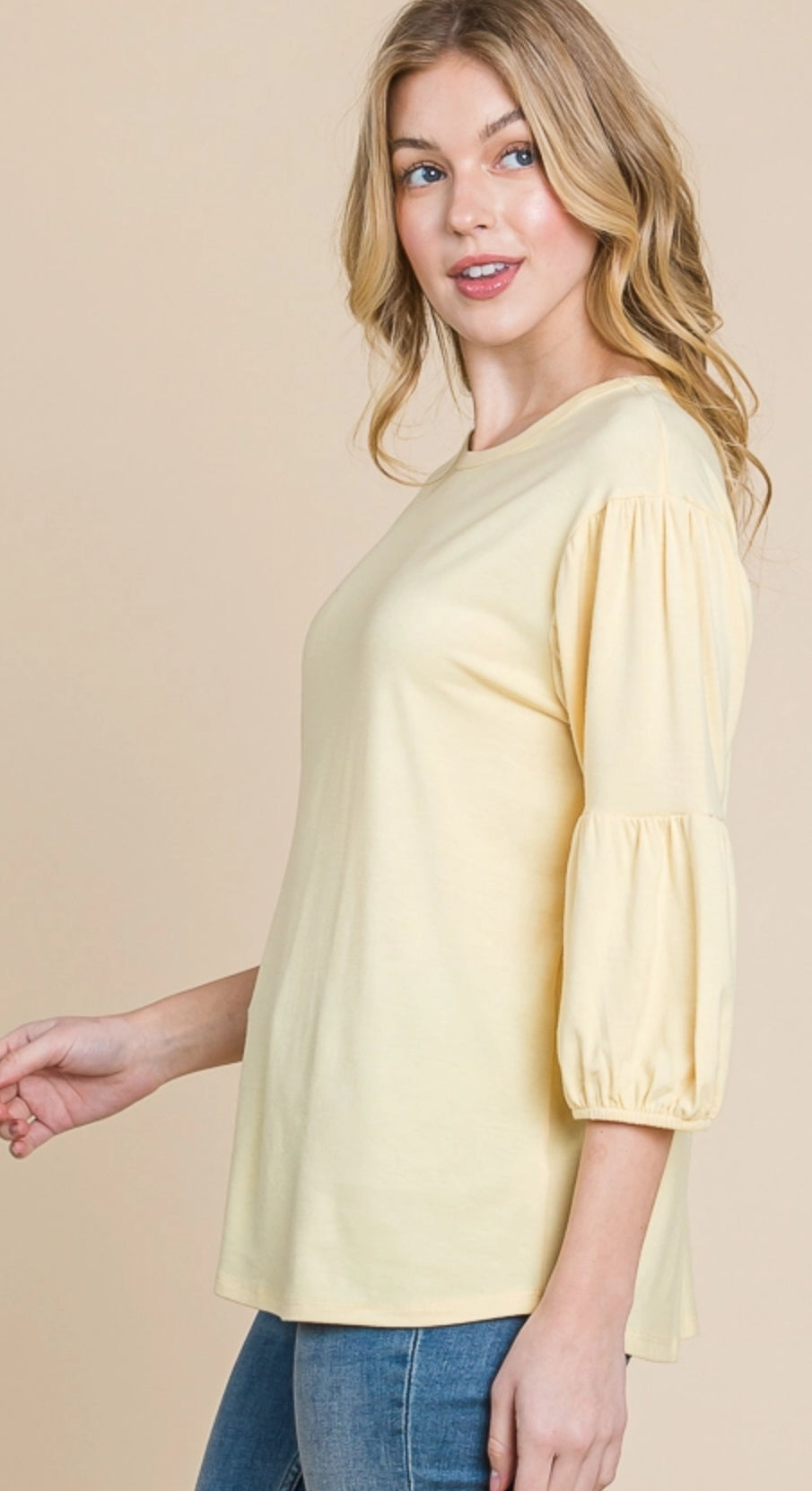 CultureCodeUSA coral 3/4 sleeve solid top with round neck and bubble sleeves, stylish and comfortable for everyday wear.