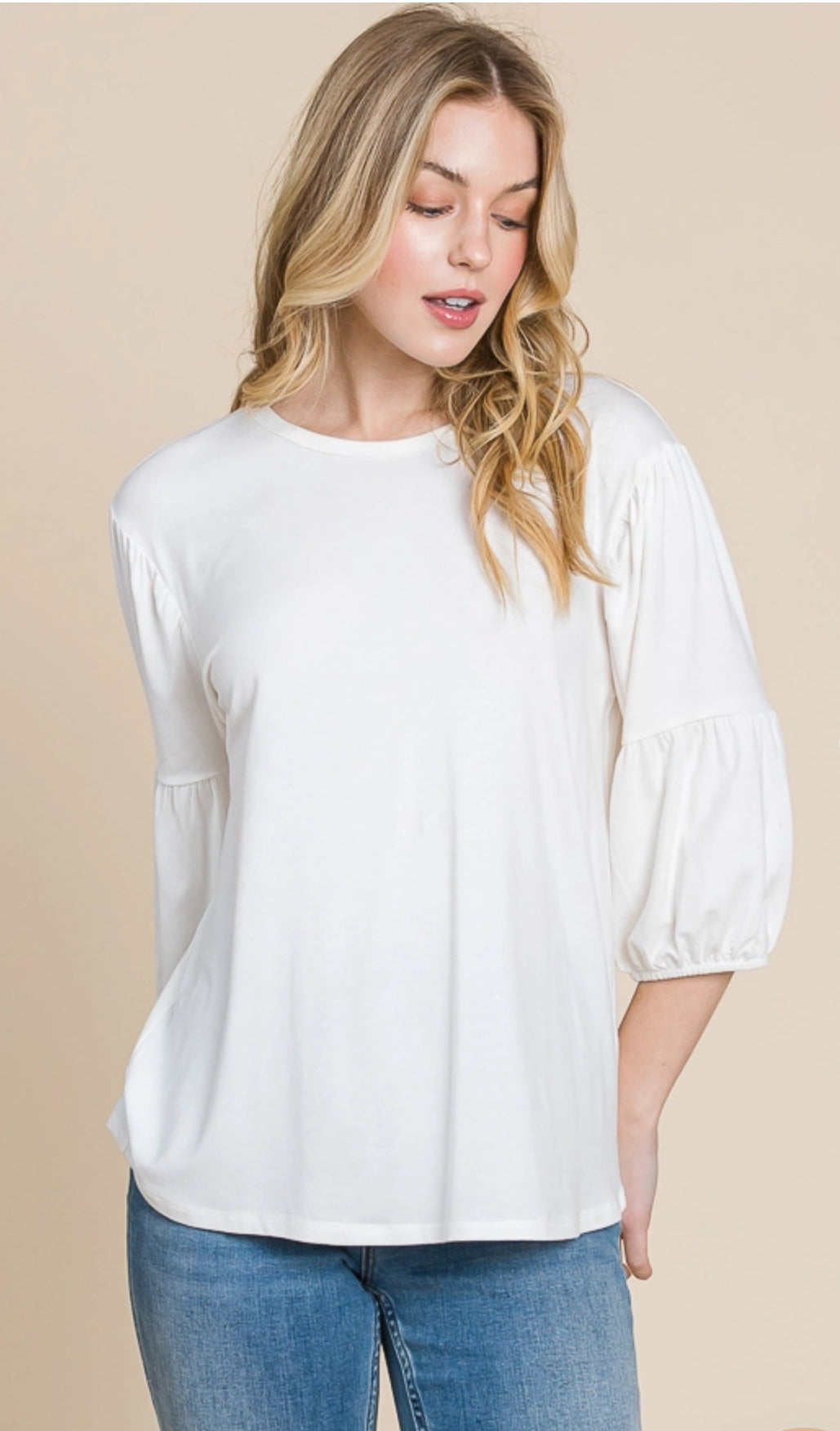 CultureCodeUSA coral round neck 3/4 bubble sleeve solid top, casual women’s 3/4 sleeve blouse with a relaxed fit.