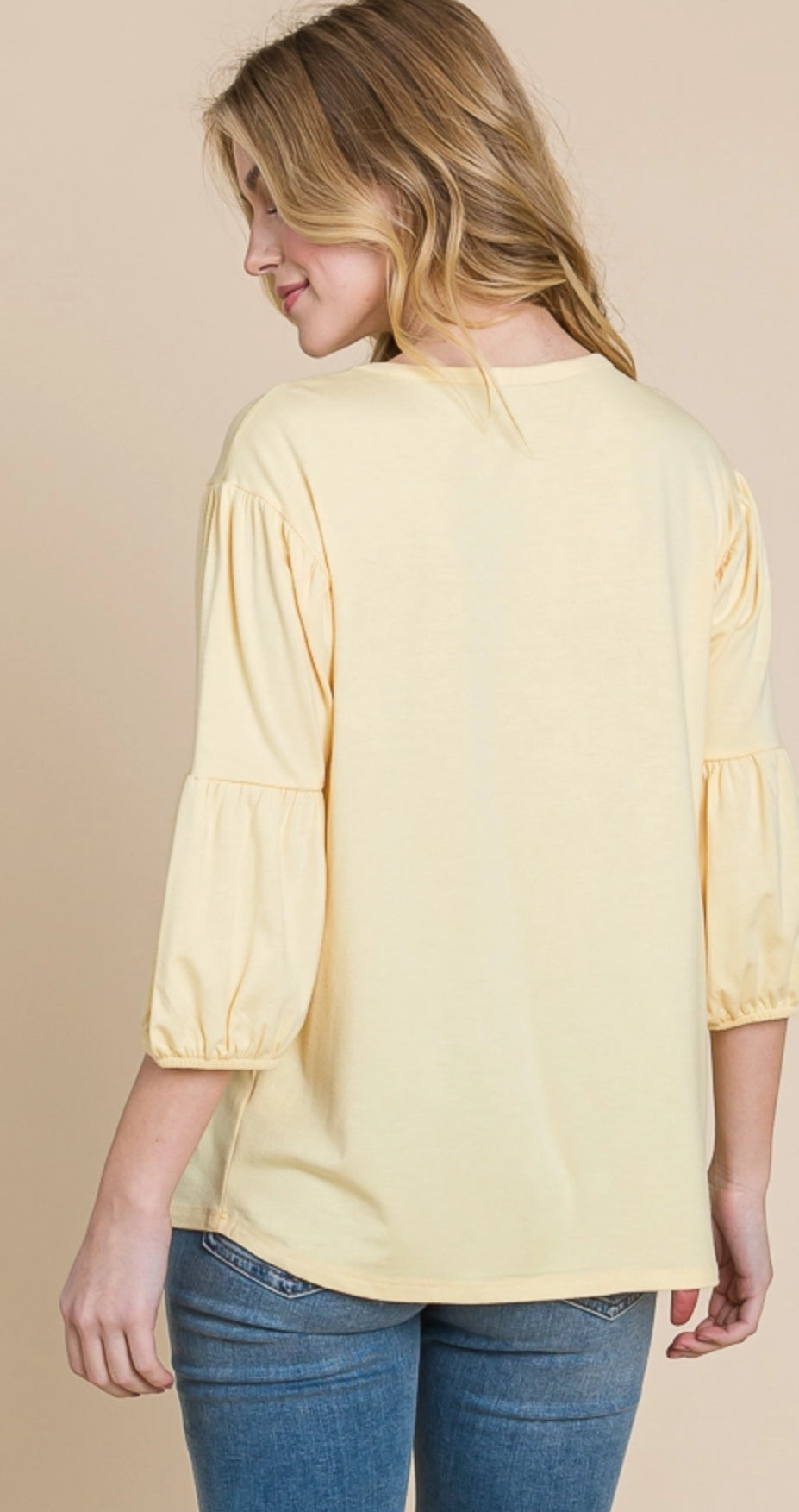 CultureCodeUSA coral round neck 3/4 bubble sleeve solid top showing the stylish 3/4 sleeves and classic round neckline.