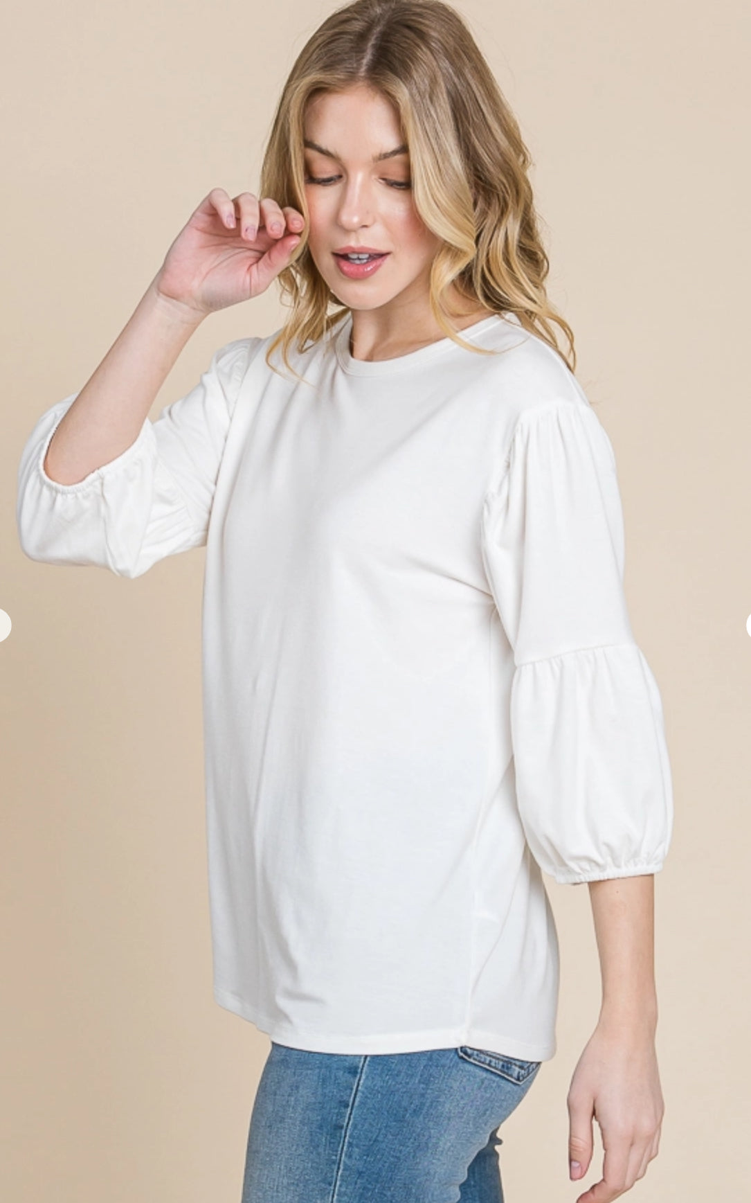 CultureCodeUSA coral 3/4 sleeve solid top with round neckline and bubble sleeves, perfect for casual or stylish wear.