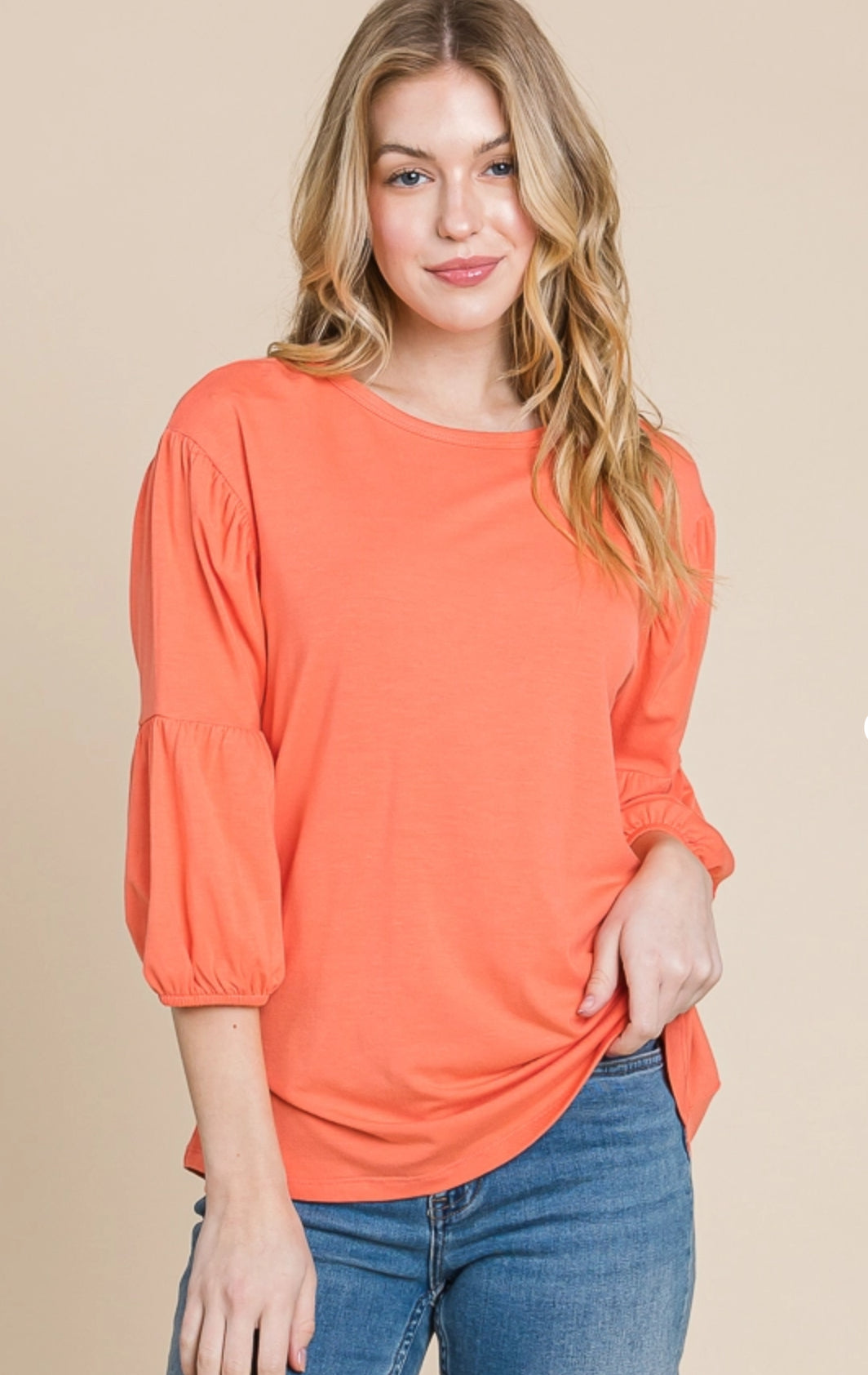 CultureCodeUSA coral round neck 3/4 bubble sleeve solid top, stylish casual 3/4 sleeve blouse with relaxed fit.