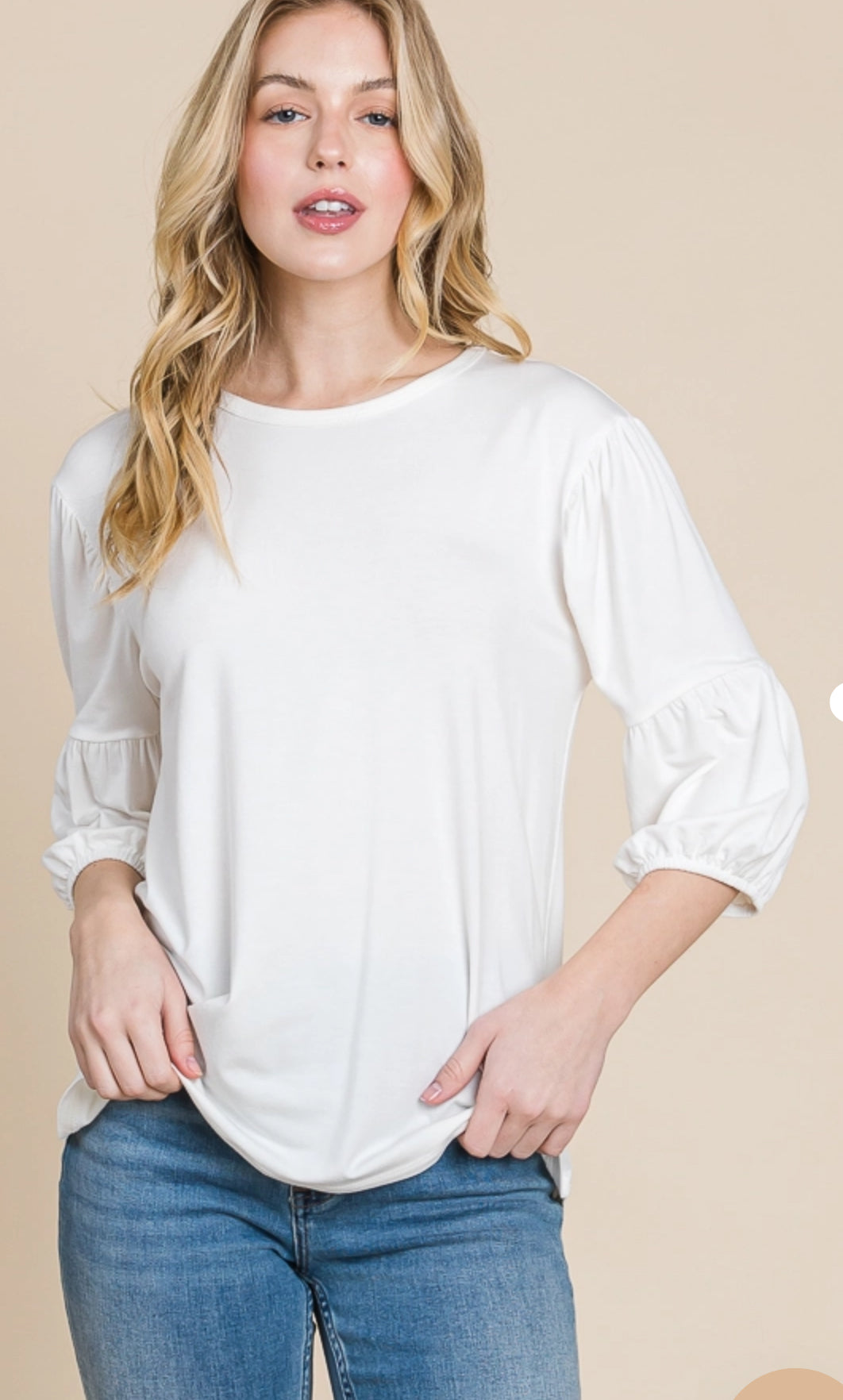 CultureCodeUSA coral 3/4 sleeve solid top with round neck and bubble sleeves, casual and stylish for everyday wear.
