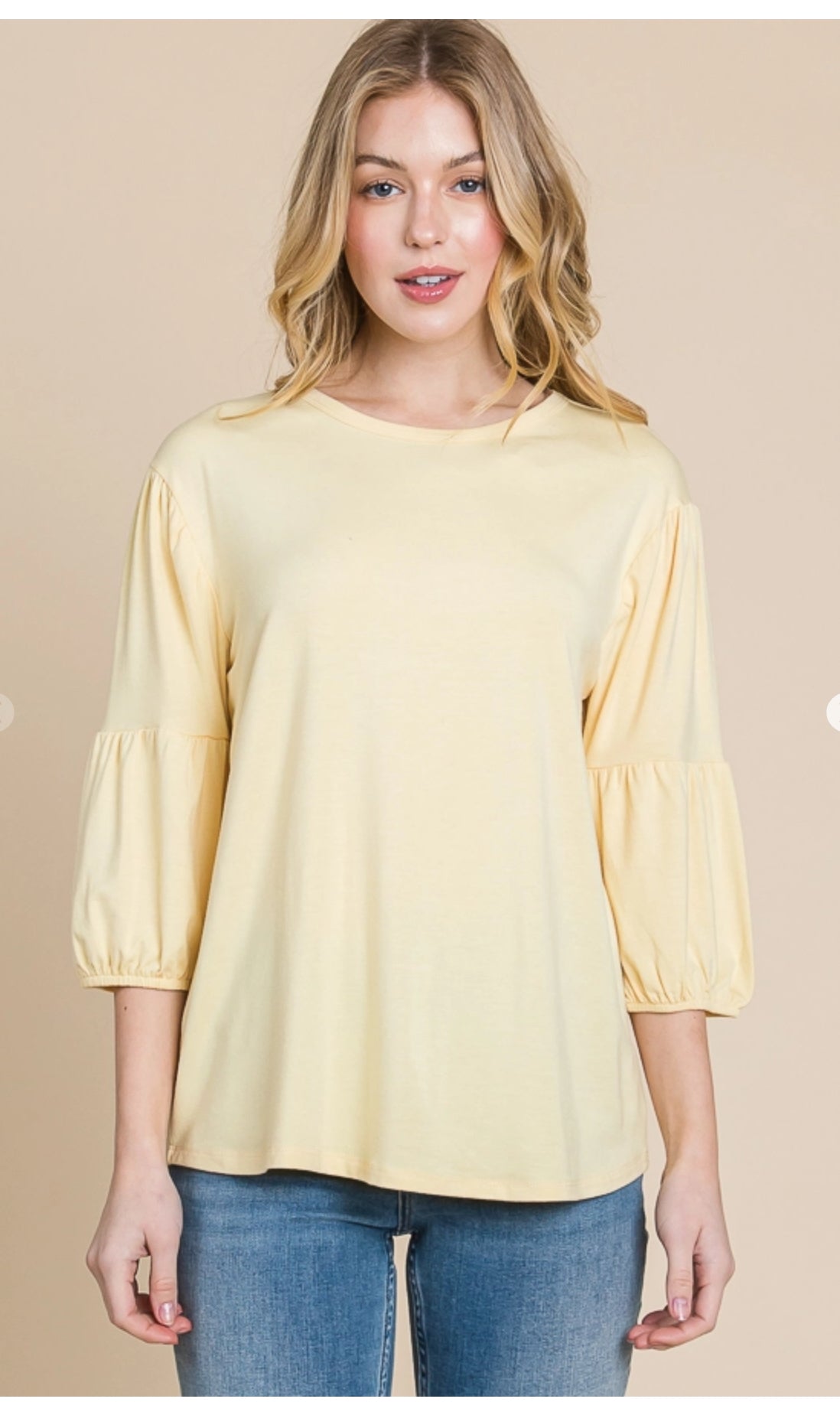 CultureCodeUSA coral round neck 3/4 bubble sleeve solid top, casual women's 3/4 sleeve blouse with relaxed fit.