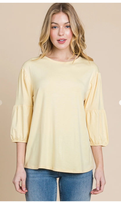 CultureCodeUSA coral round neck 3/4 bubble sleeve solid top, casual women's 3/4 sleeve blouse with relaxed fit.