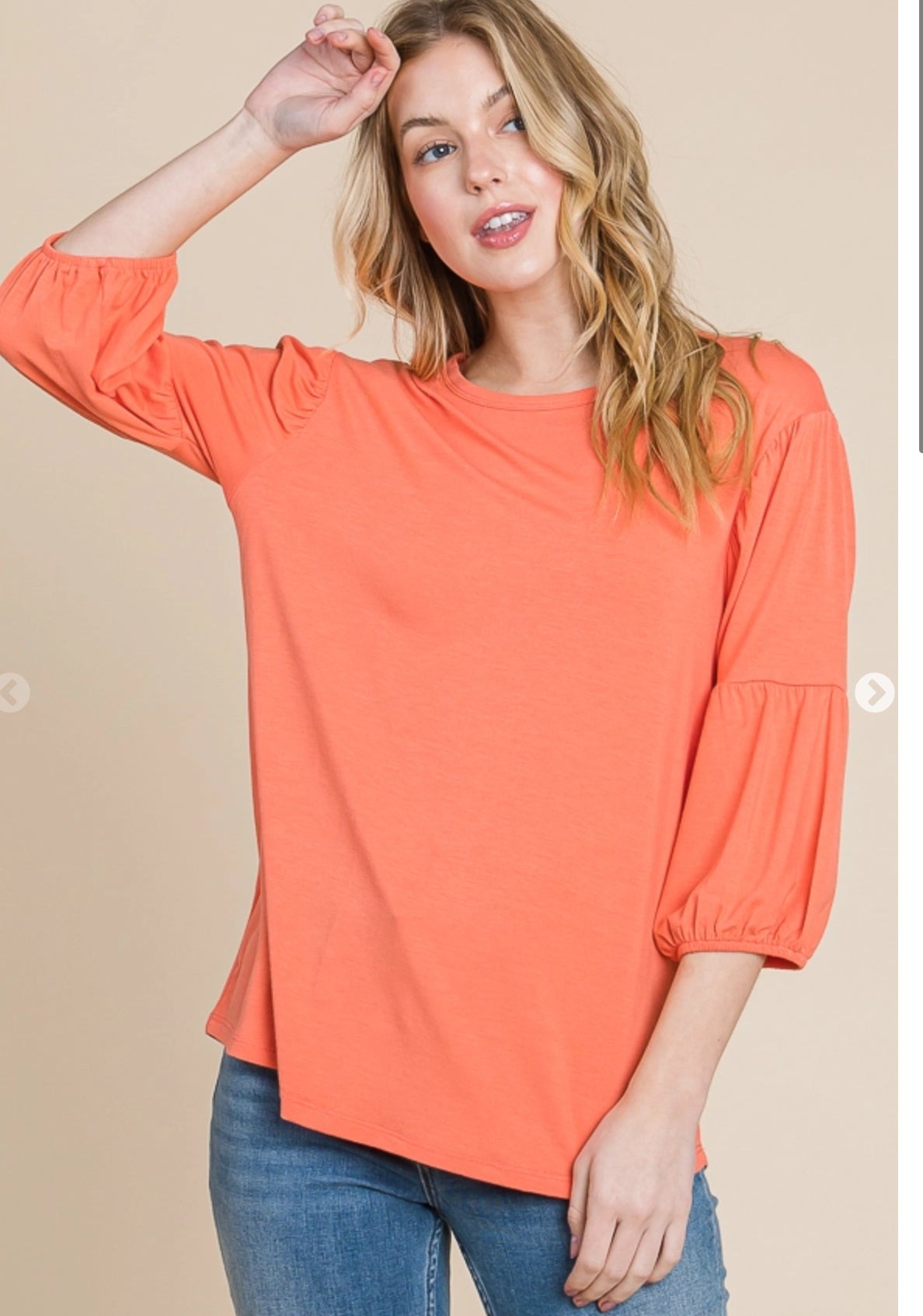 CultureCodeUSA coral 3/4 sleeve bubble top with round neckline, solid color and casual style, shown on a model.