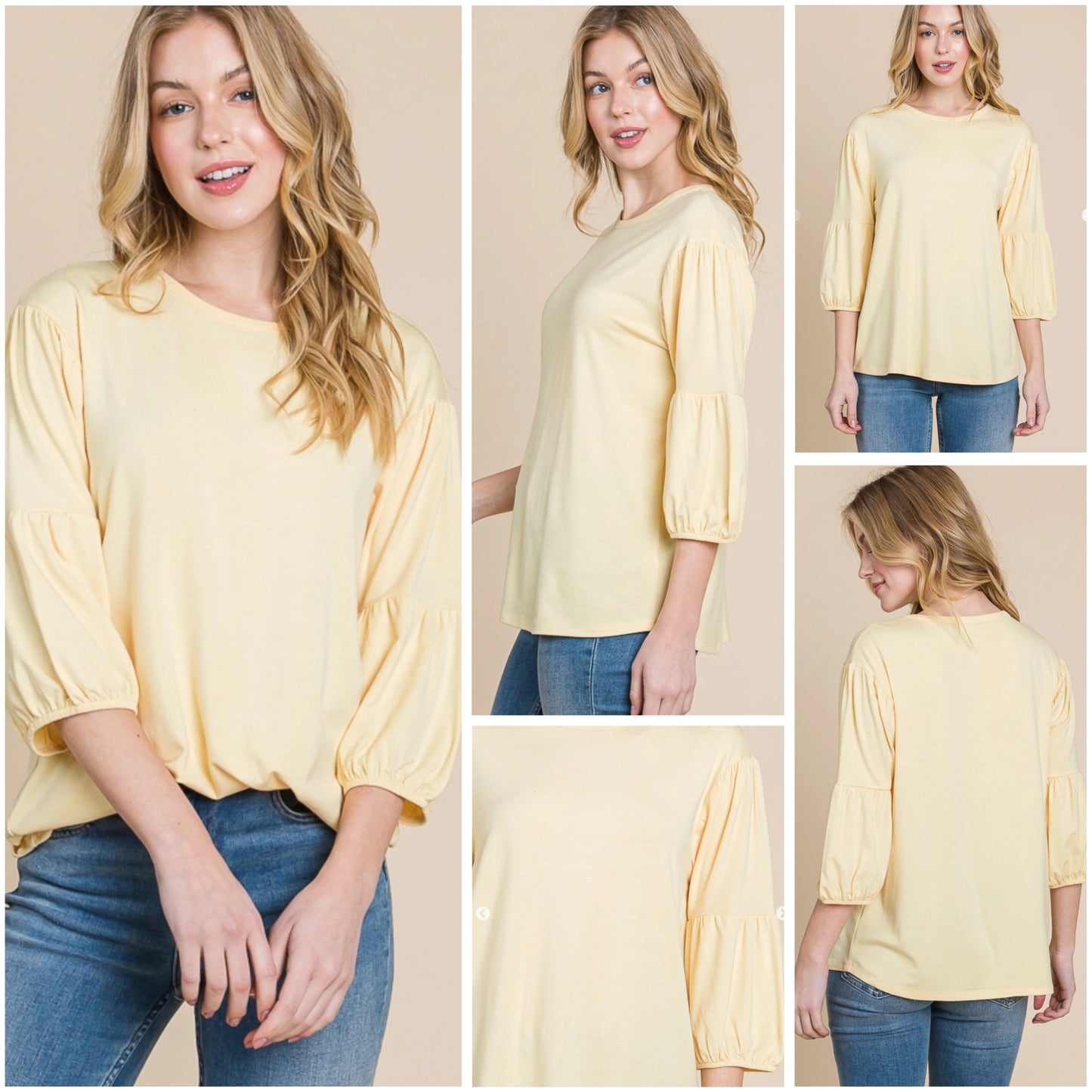 CultureCodeUSA coral 3/4 sleeve solid top with round neck and bubble sleeves, stylish and comfortable for everyday wear.