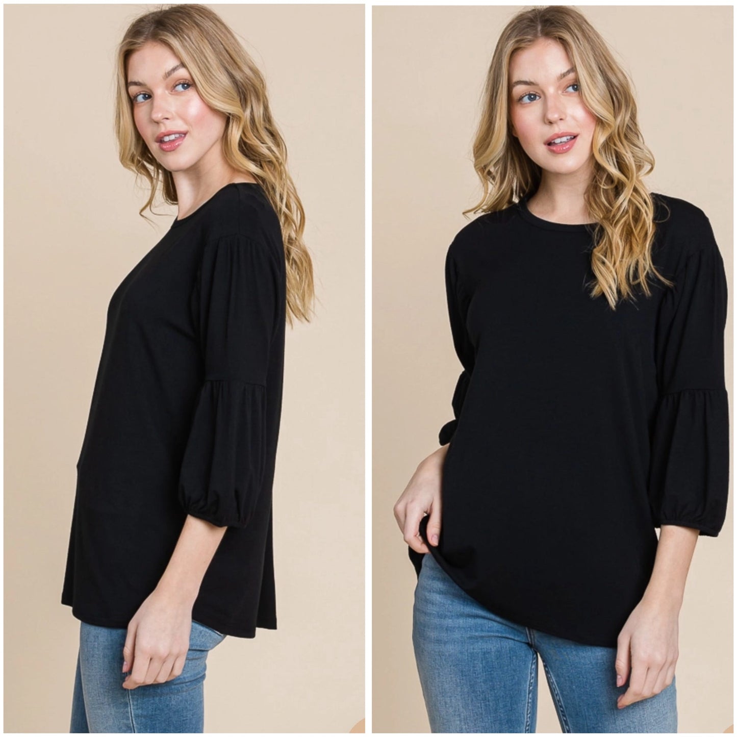 CultureCodeUSA coral 3/4 sleeve solid top with round neck and bubble sleeves, showcasing a stylish casual design.