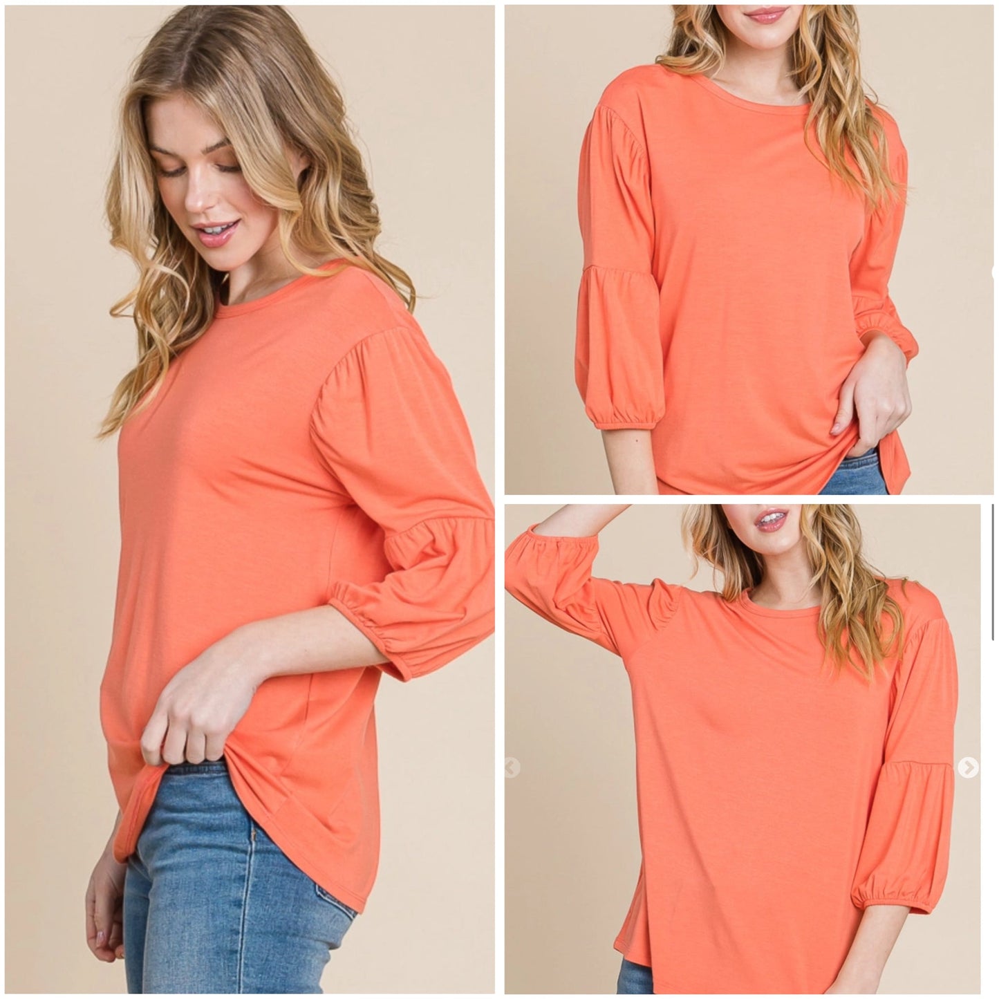 CultureCodeUSA coral round neck 3/4 bubble sleeve solid top, stylish and casual 3/4 sleeve blouse with a relaxed fit.