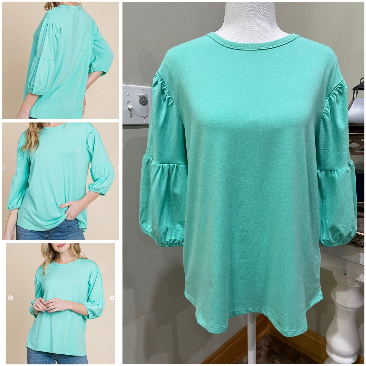 CultureCodeUSA coral round neck 3/4 sleeve bubble top, solid color, casual women's 3/4 sleeve blouse with relaxed fit.