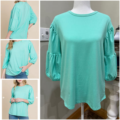 CultureCodeUSA coral round neck 3/4 sleeve bubble top, solid color, casual women's 3/4 sleeve blouse with relaxed fit.