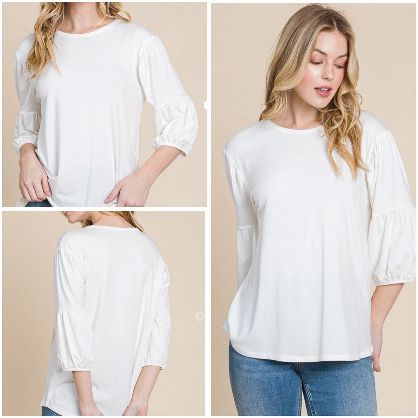 CultureCodeUSA coral round neck 3/4 bubble sleeve solid top, casual women's 3/4 sleeve blouse with comfortable fit.