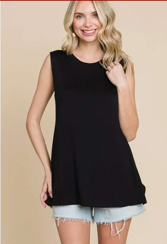 Black CultureCodeUSA sleeveless layered tank top with semi-flare design and double-layered modesty panel.