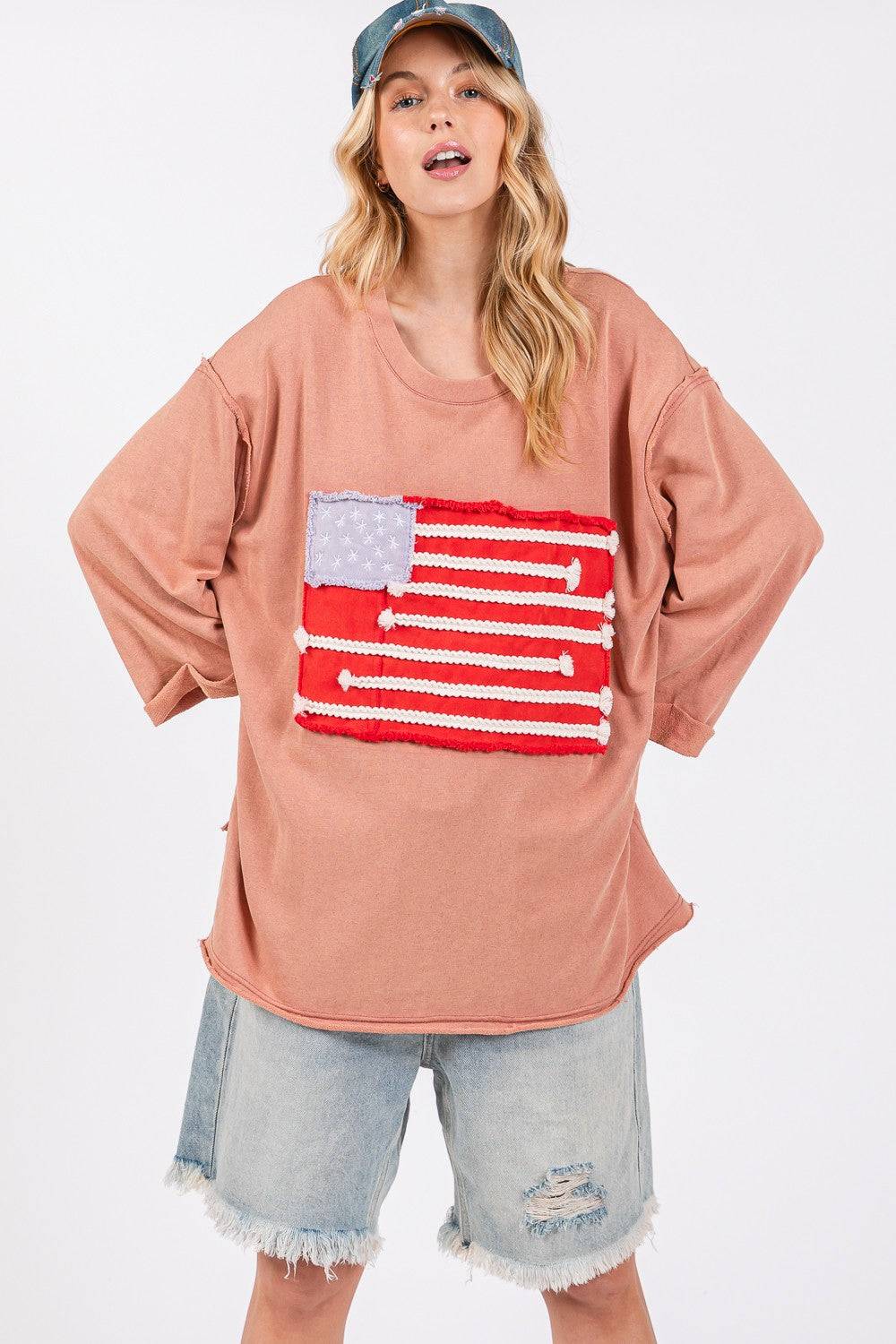 SAGE + FIG Full Size American Flag Patch Drop Shoulder T-Shirt