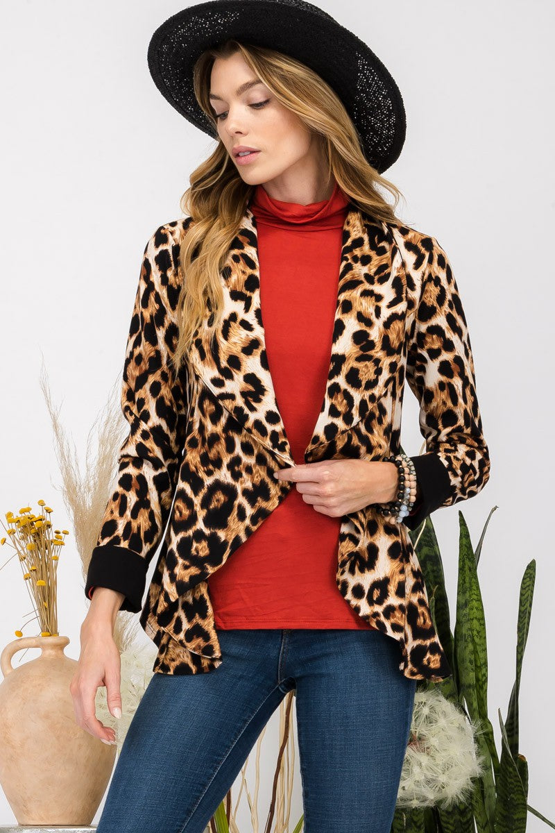 Celeste Full Size Leopard Open Front Long Sleeve Blazer