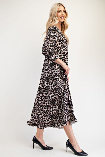 Celeste Full Size Leopard Round Neck Flounce Sleeve Dress