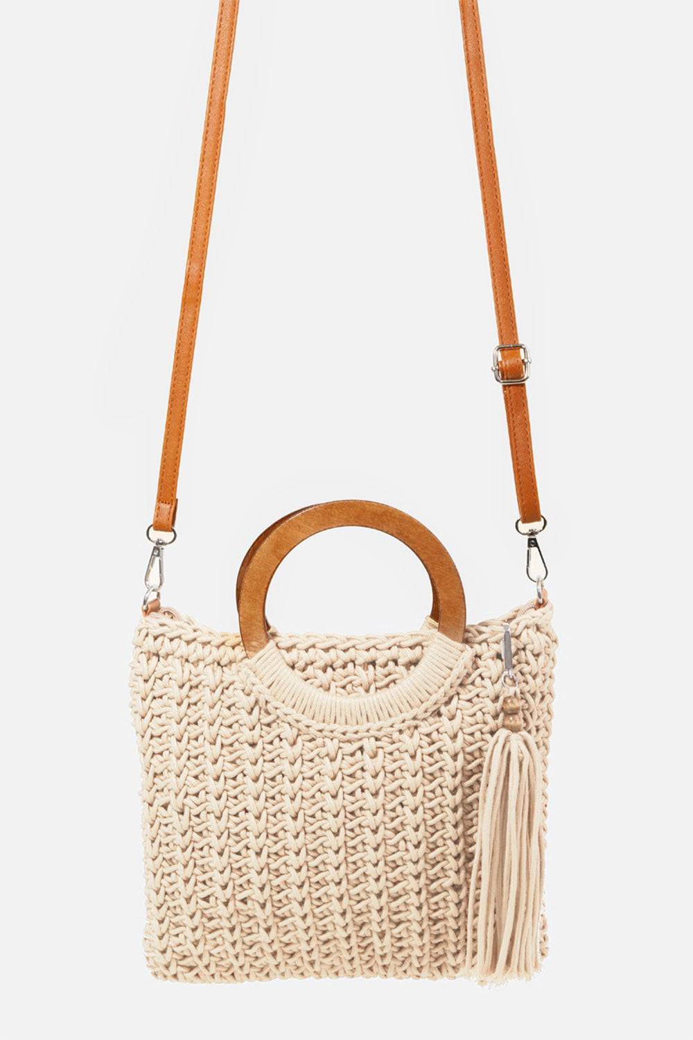 Fame Crochet Knit Convertible Tote Bag with Tassel