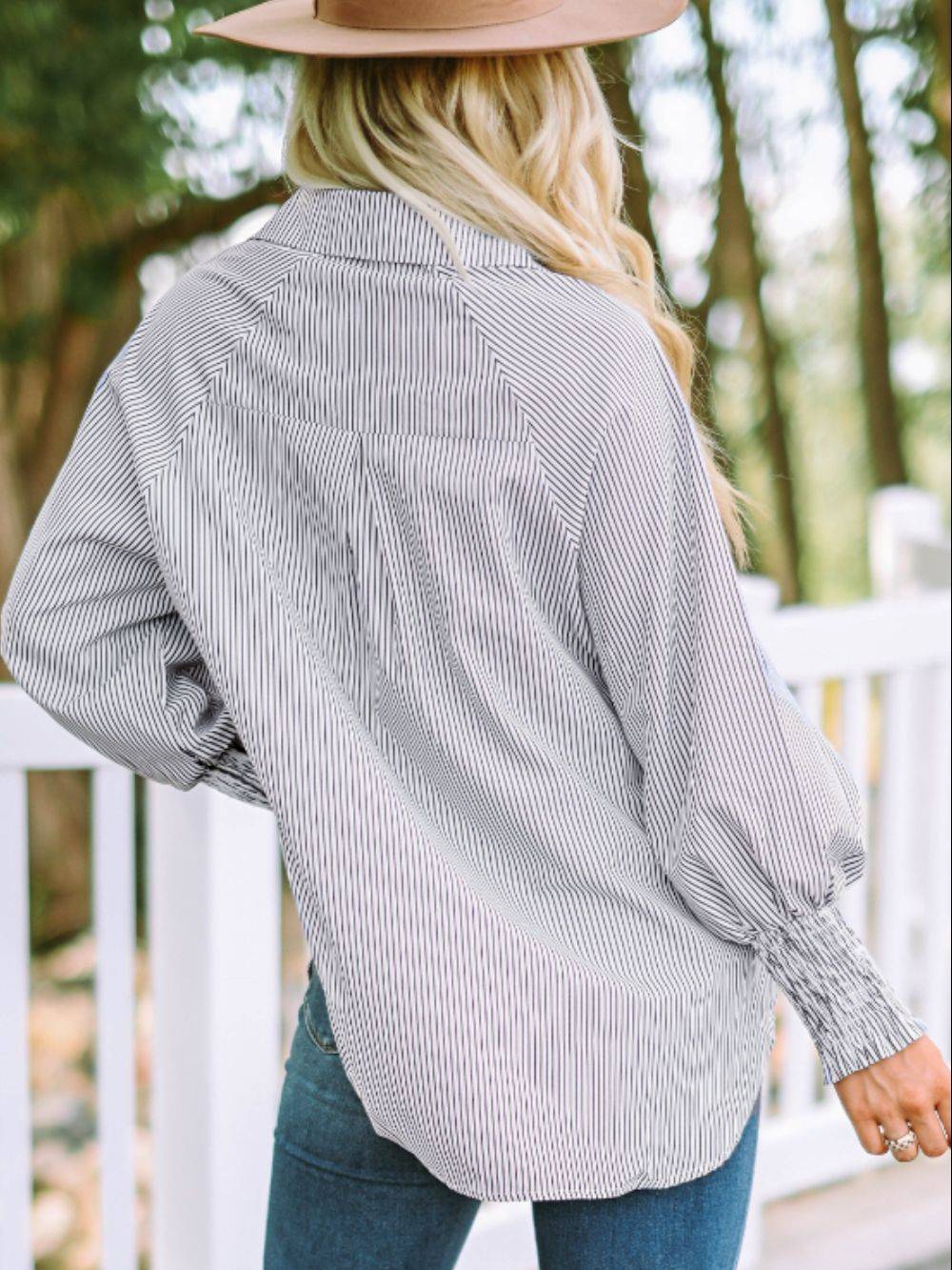 Striped Collared Neck Lantern Sleeve Shirt