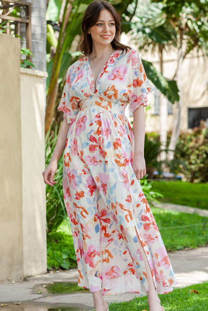 Floral Deep V Slit Maxi Dress