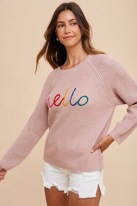 Annie Wear HELLO Embroidered Raglan Sleeve Sweater