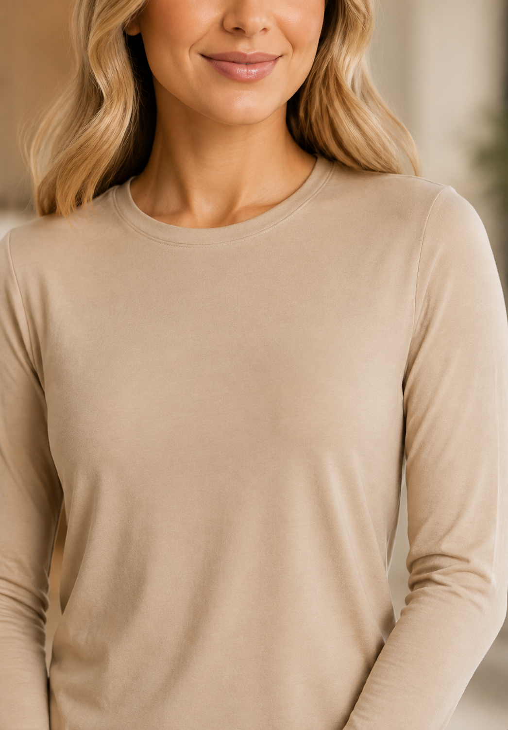 Ladies Lux Long Sleeve Layering Top by ModestAndDevoted in basic colors, shown in a close-up image highlighting soft fabric and fit.