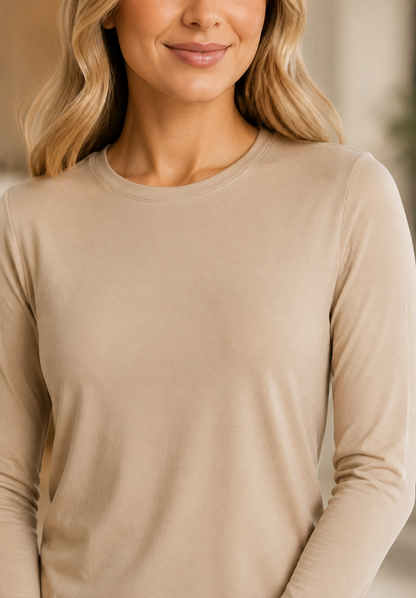 Ladies Lux Long Sleeve Layering Top by ModestAndDevoted in basic colors, shown in a close-up image highlighting soft fabric and fit.