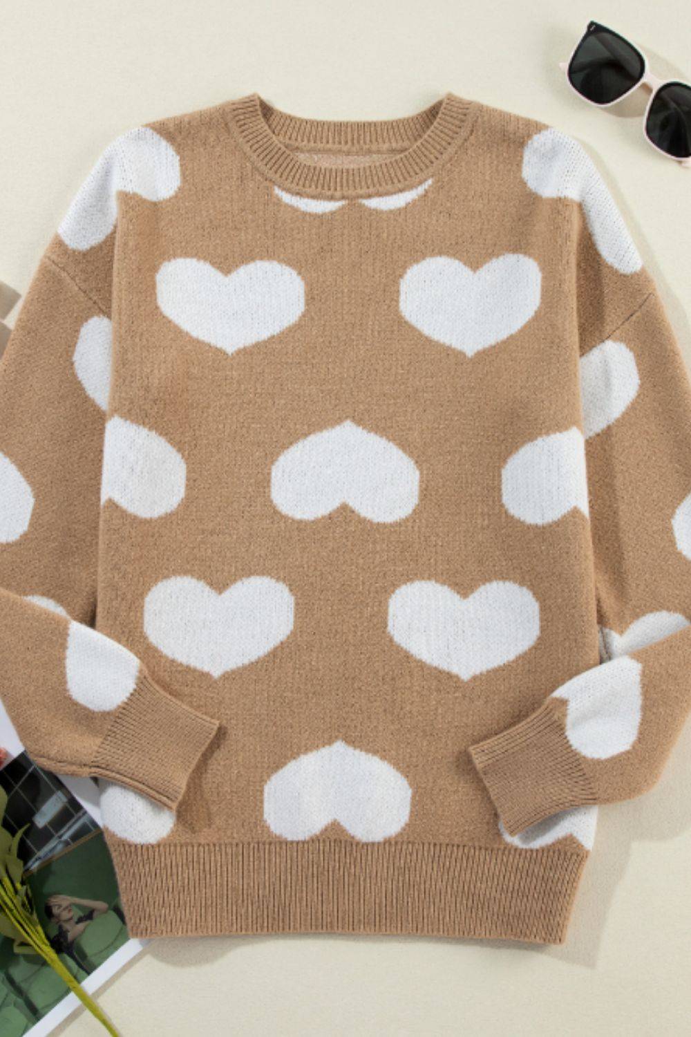 Heart Round Neck Long Sleeve Sweater