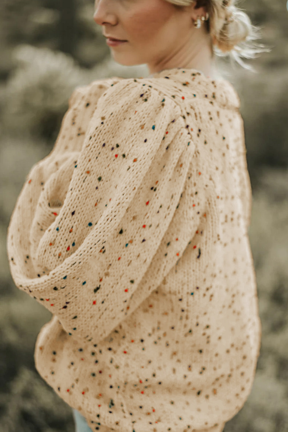 Light French Beige Colorful Dots Cable Knit Crew Neck Sweater