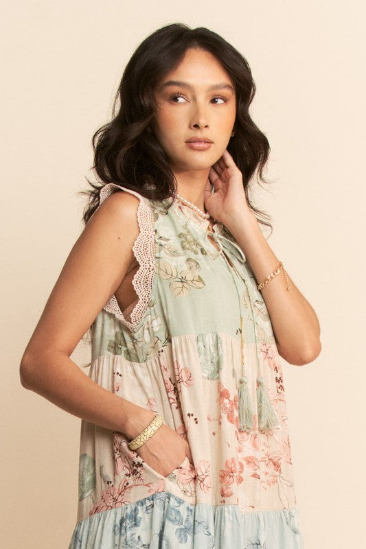 Beautiful floral tiered sleeveless maxi dress by Davi&Dani, featuring vibrant block print design, perfect for plus size fashion.
