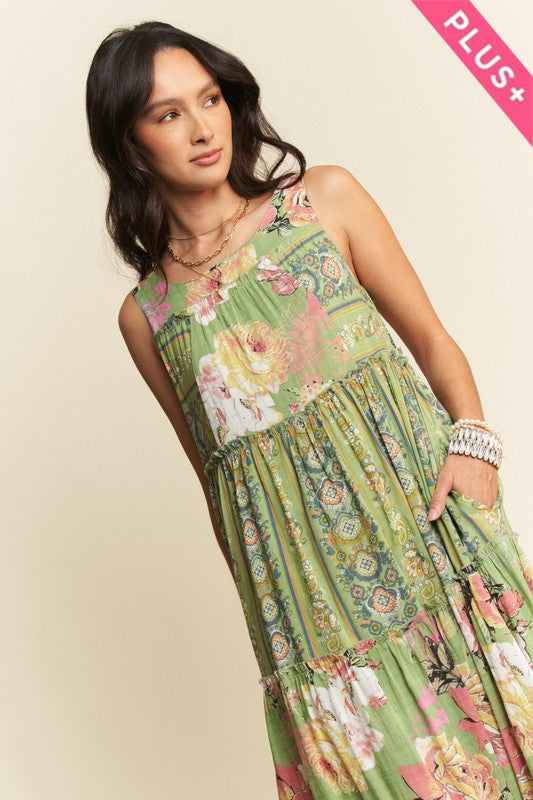 Gorgeous mixed print boho maxi dress from Davi & Dani featuring flowing fabric and vibrant patterns.