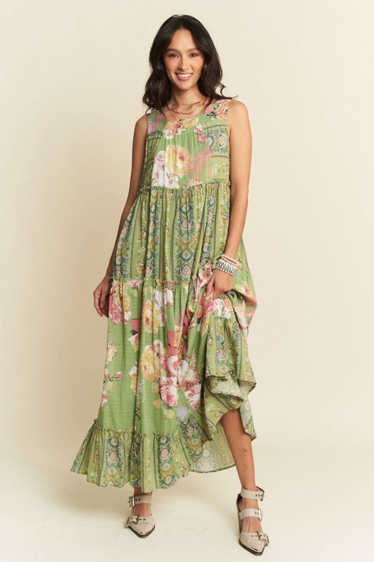 Gorgeous mixed print boho maxi dress by Davi & Dani featuring flowing fabric and vibrant patterns, perfect for casual or boho style.