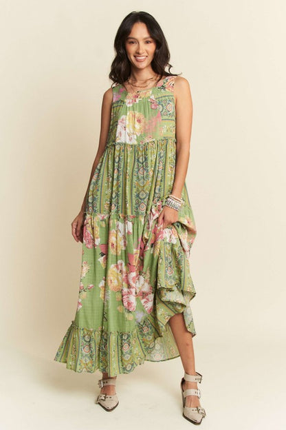 Gorgeous mixed print boho maxi dress by Davi & Dani, flowing style with vibrant patterns and lightweight fabric.