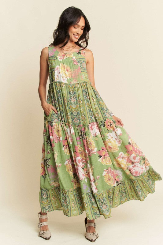 Gorgeous mixed print boho maxi dress by Davi & Dani, flowy sleeveless dress with vibrant pattern and relaxed fit.