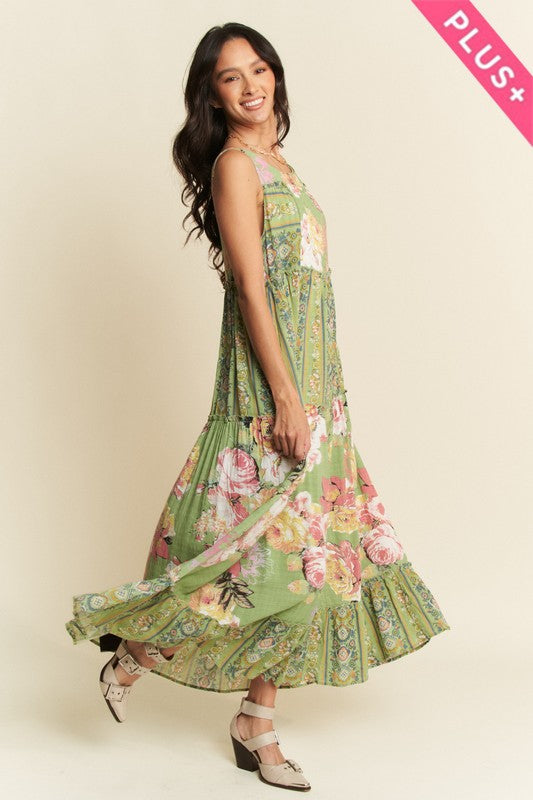 Gorgeous mixed print boho maxi dress from Davi & Dani featuring flowing fabric and vibrant patterns, perfect for casual or summer wear.