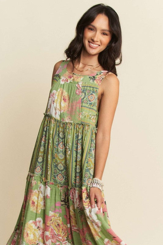 Gorgeous mixed print boho maxi dress by Davi & Dani featuring flowing fabric and vibrant pattern, perfect for bohemian style.
