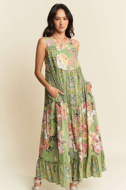Gorgeous mixed print boho maxi dress by Davi & Dani featuring flowing fabric and vibrant patterns, perfect for casual summer wear.