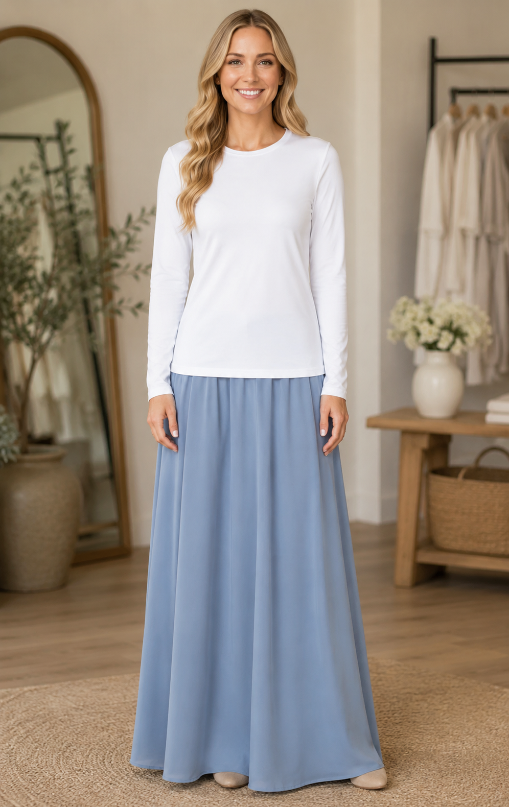 Ladies long sleeve layering top in basic colors by ModestAndDevoted, showcasing a close-up of the fitted, soft fabric and simple design.