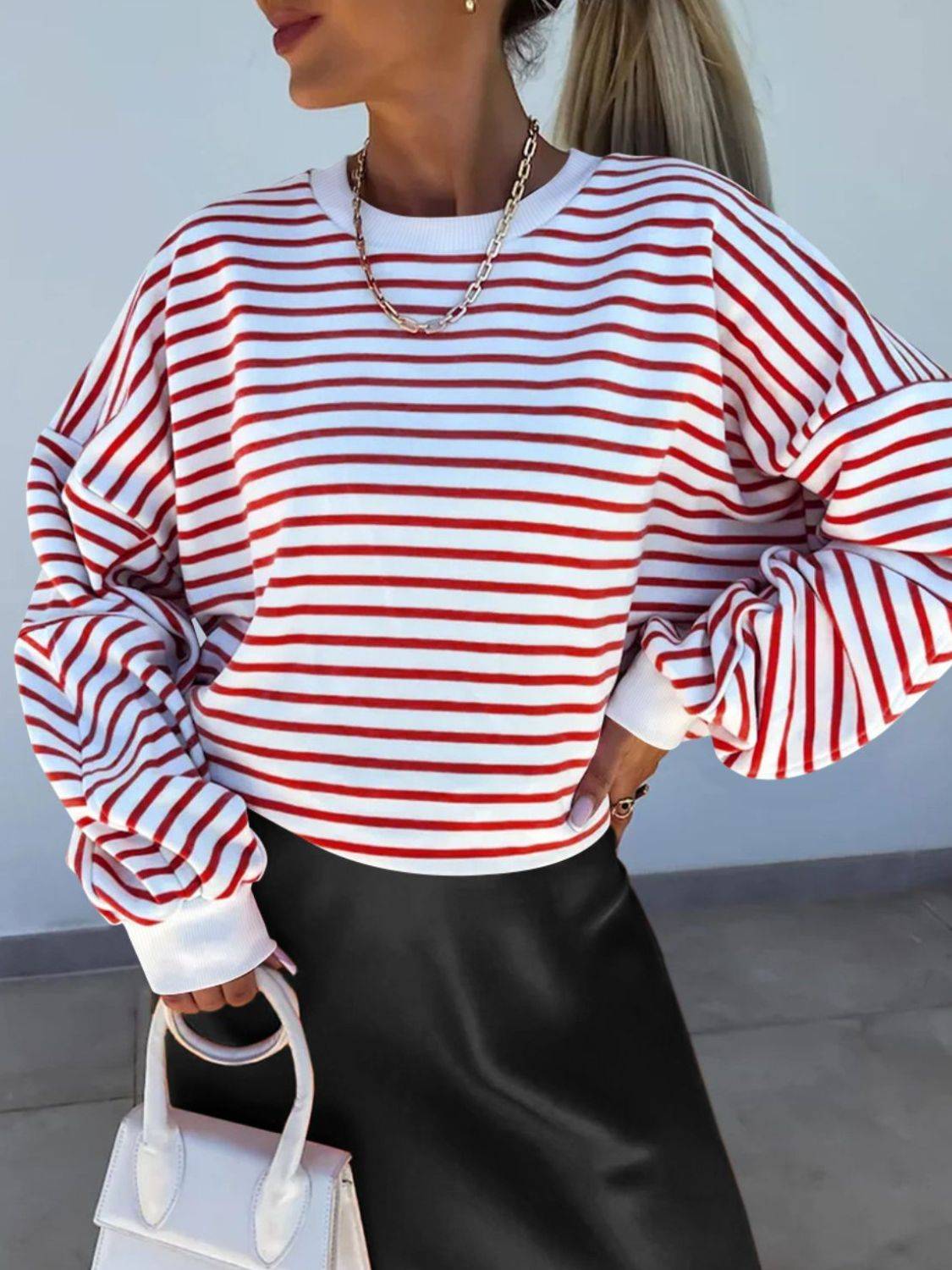 Full Size Striped Round Neck Long Sleeve Sweatshirt Plus Size