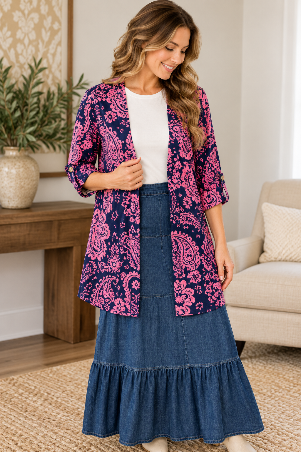 Dear Scarlett navy pink paisley open-front cardigan styled over a white layering top with a denim maxi skirt