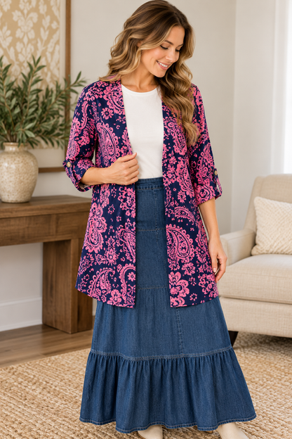 Dear Scarlett navy pink paisley open-front cardigan styled over a white layering top with a denim maxi skirt